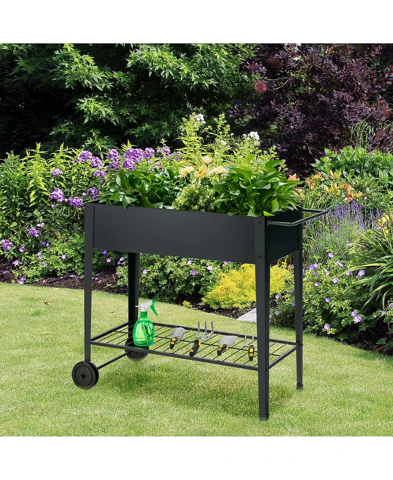 Gymax Raised Garden Bed Elevated Planter Box on Wheels Steel Planter w/Shelf