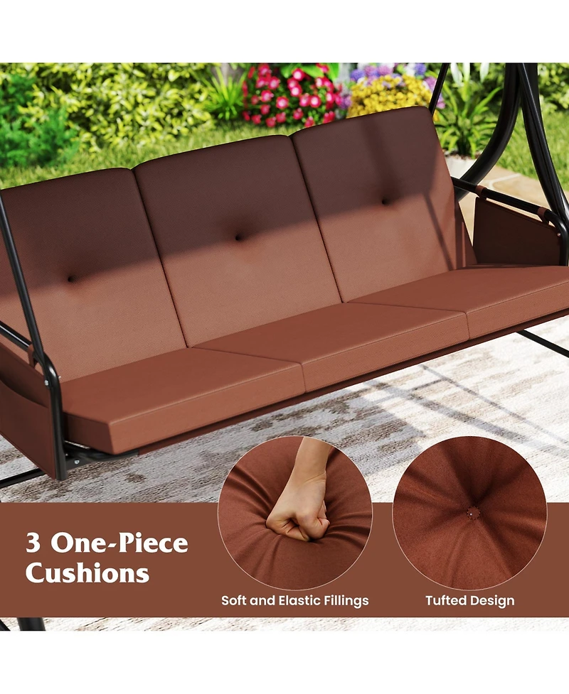 Gymax 3-Seat Patio Swing w/ Canopy & Removable Cushions Side Pockets Stand