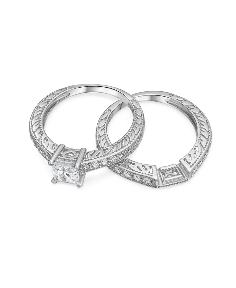 Bling Jewelry Art Deco-Inspired Sterling Silver 2-Pc. Princess-Cut Cz Promise Ring & Pave Band Set (.75 Ctw)