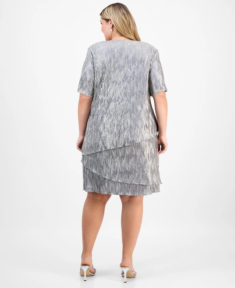 Connected Plus Short-Sleeve Tiered Metallic Sheath Dress
