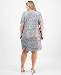 Connected Plus Short-Sleeve Tiered Metallic Sheath Dress