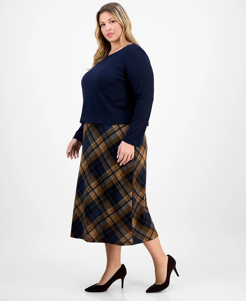 Connected Plus Sweater-Top Plaid-Skirt Dress