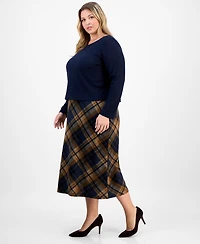 Connected Plus Sweater-Top Plaid-Skirt Dress