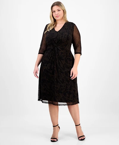 Connected Plus V-Neck Mesh Elbow-Sleeve Dress