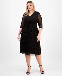 Connected Plus V-Neck Mesh Elbow-Sleeve Dress