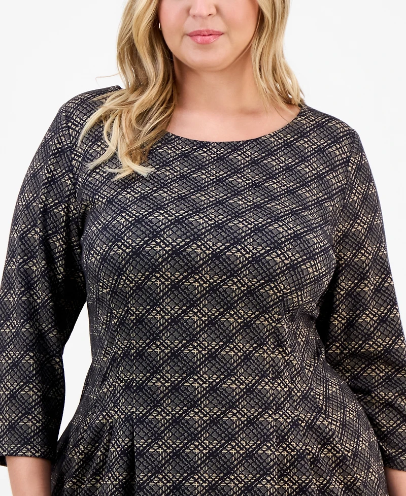 Connected Plus Knit Long-Sleeve Tuck-Front Fit & Flare Dress
