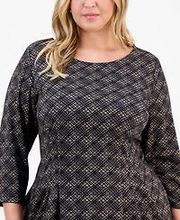 Connected Plus Knit Long-Sleeve Tuck-Front Fit & Flare Dress