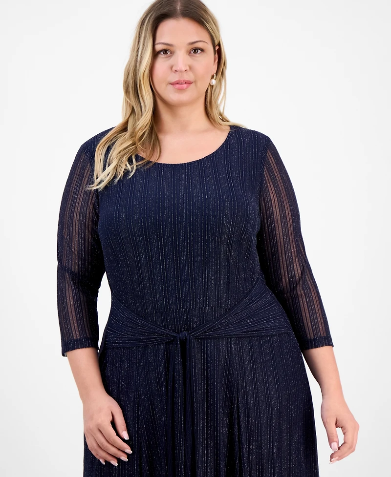 Connected Plus Mesh Long-Sleeve Round-Neck Dress