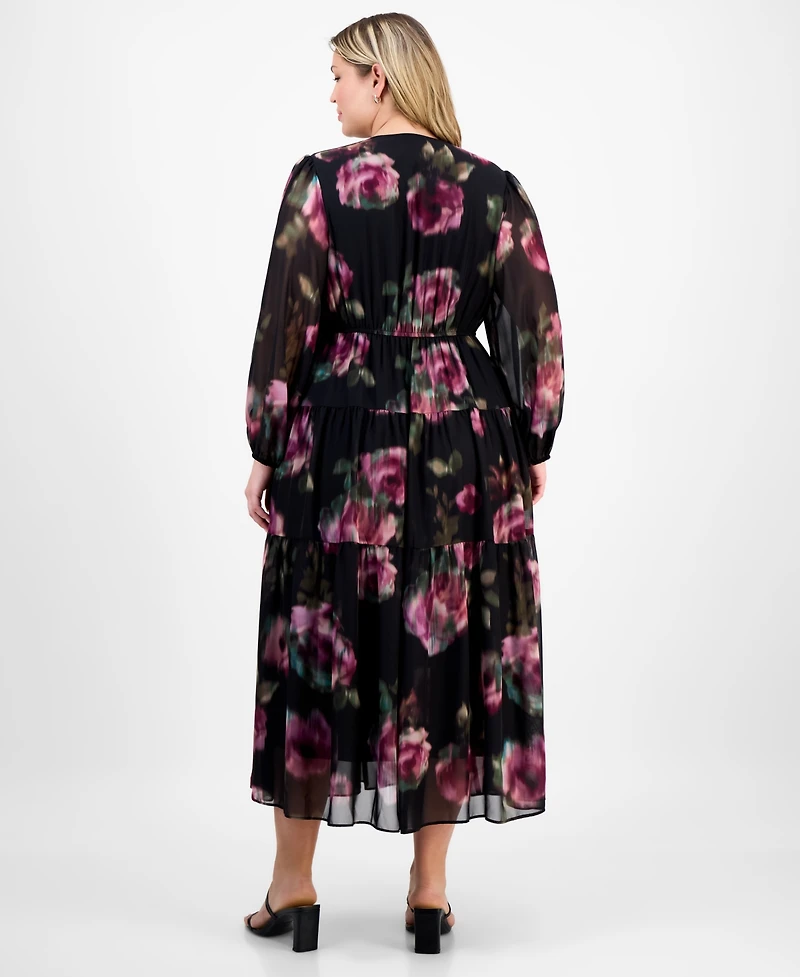 Robbie Bee Plus V-Neck Printed Chiffon Long-Sleeve Maxi Dress