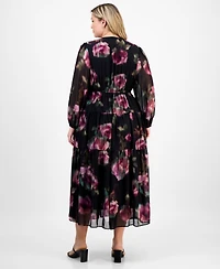 Robbie Bee Plus V-Neck Printed Chiffon Long-Sleeve Maxi Dress