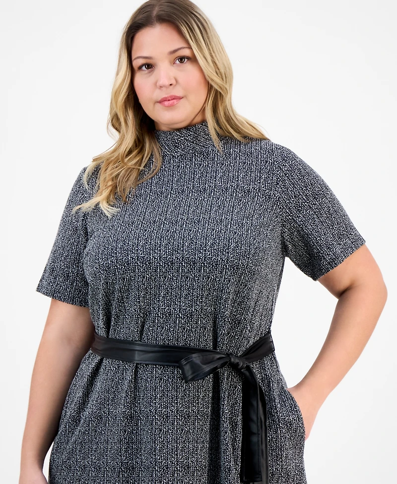 Robbie Bee Plus Mock Neck Short-Sleeve Boucle Midi Dress