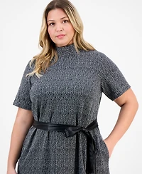Robbie Bee Plus Mock Neck Short-Sleeve Boucle Midi Dress