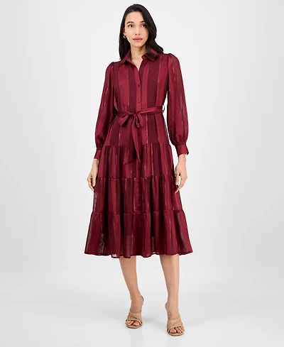 Robbie Bee Petite Satin Stripe Tie-Waist Shirtdress