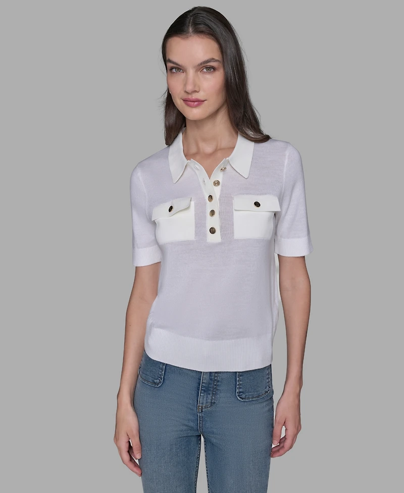 Karl Lagerfeld Paris Women's Short-Sleeve Button-Front Sweater