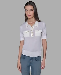 Karl Lagerfeld Paris Women's Short-Sleeve Button-Front Sweater