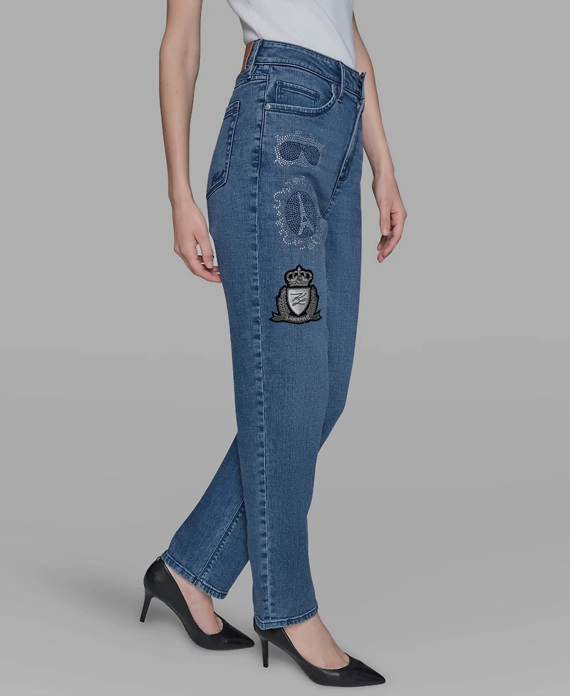 Karl Lagerfeld Paris Women's Patch Denim Straight-Leg Jeans