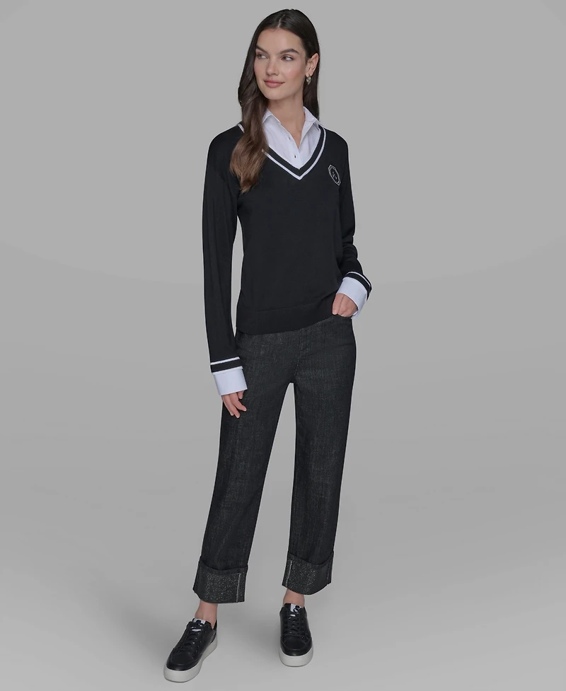 Karl Lagerfeld Paris Women's Twofer Patch V-Neck Sweater