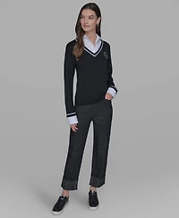 Karl Lagerfeld Paris Women's Twofer Patch V-Neck Sweater