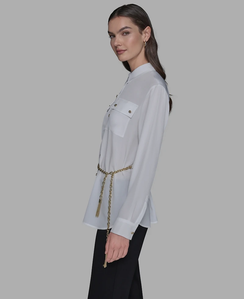 Karl Lagerfeld Paris Women's Belted Chest-Pocket Top