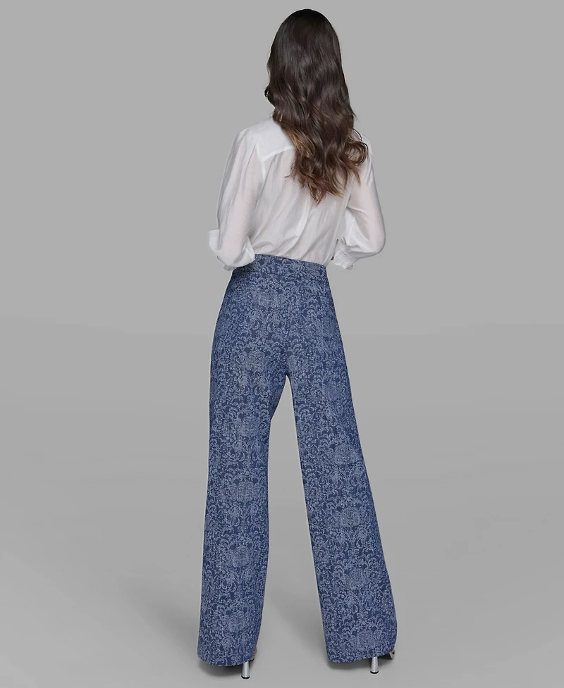 Karl Lagerfeld Paris Women's Printed Wide-Leg Denim Pants