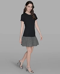Karl Lagerfeld Paris Women's Ruffle Trim Knit Short Sleeve Dress