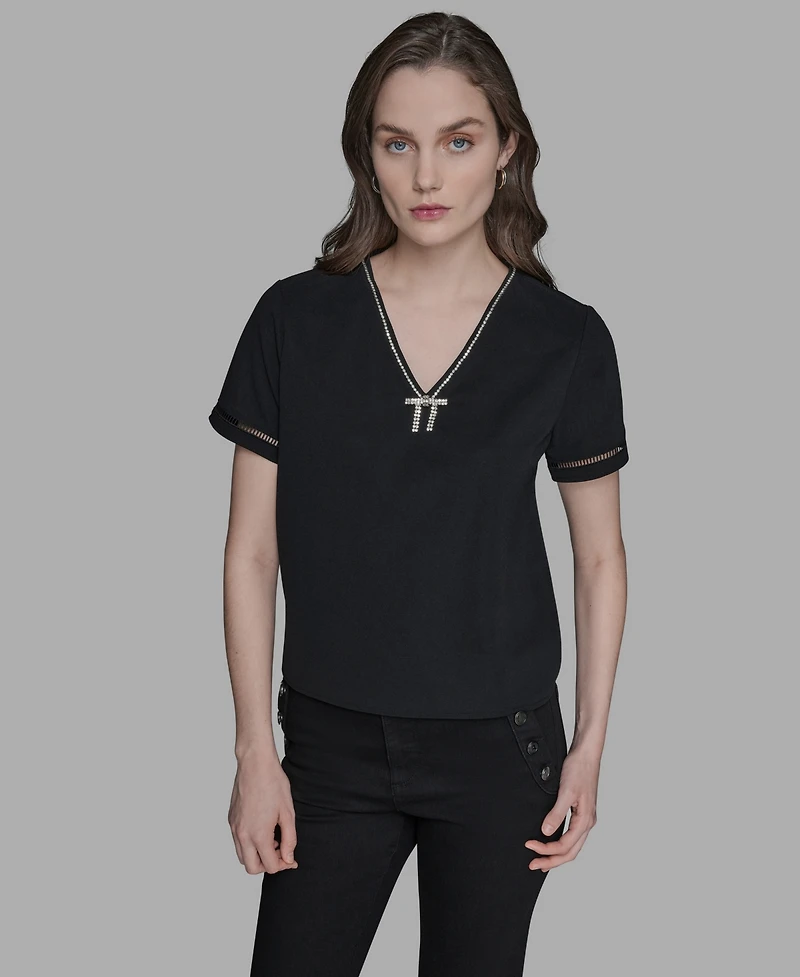 Karl Lagerfeld Paris Women's Sparkle-Bow V-Neck Knit Top
