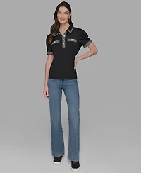 Karl Lagerfeld Paris Women's Short Sleeve Tweed Trim Knit Top