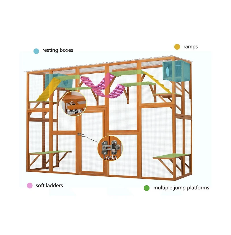Aostirmotor 118 in. Outdoor Wooden Cat house Cat shelves with Window Box in Natural