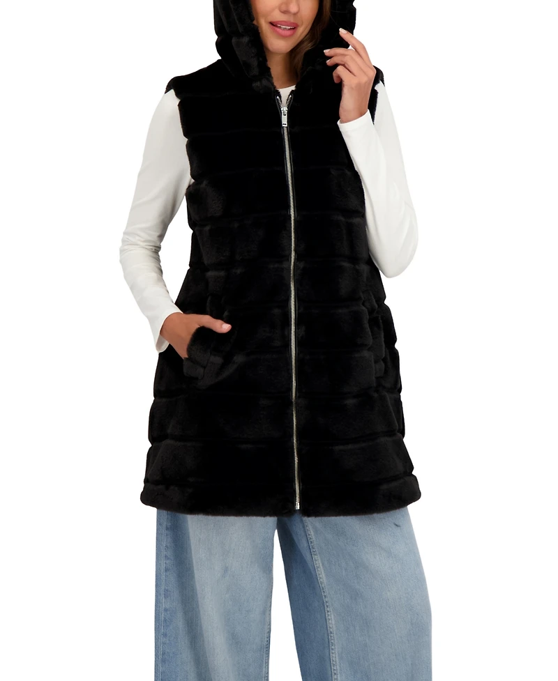 Sebby Collection Women's Hooded Grooved 3/4 Faux Fur Vest