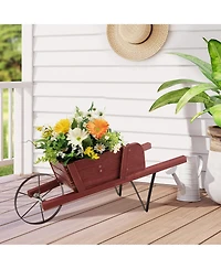 Gymax Wooden Wagon Planter Decorative Indoor/ Outdoor Rustic Flower Cart w/ Wheel