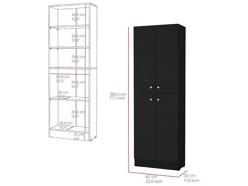 Vanirror Black Pantry Cabinet, Space-Saving Kitchen Storage with Four Doors & Adjustable Shelves, Freestanding Organizer