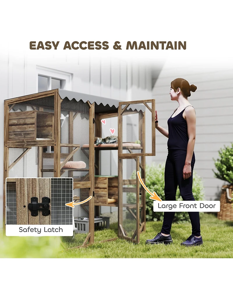 PawHut 59" Catio Outdoor Cat Enclosure, Wooden Window Cat House,