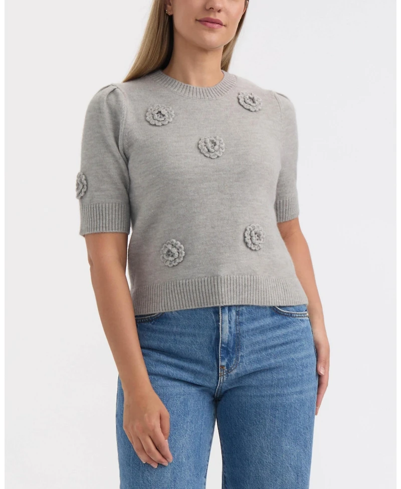 Ellen Tracy Women's Short Sleeve Sweater with Crochet Flowers