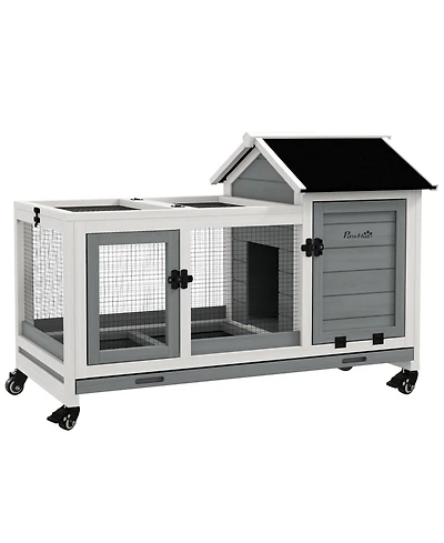 PawHut Wooden Rabbit Hutch with Wheels for Small Animals, Guinea Pig,