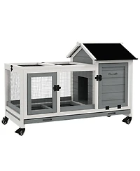 PawHut Wooden Rabbit Hutch with Wheels for Small Animals, Guinea Pig,