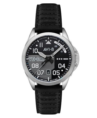 Avi-8 Men's P-51 Mustang Black Leather Strap Watch, 43mm
