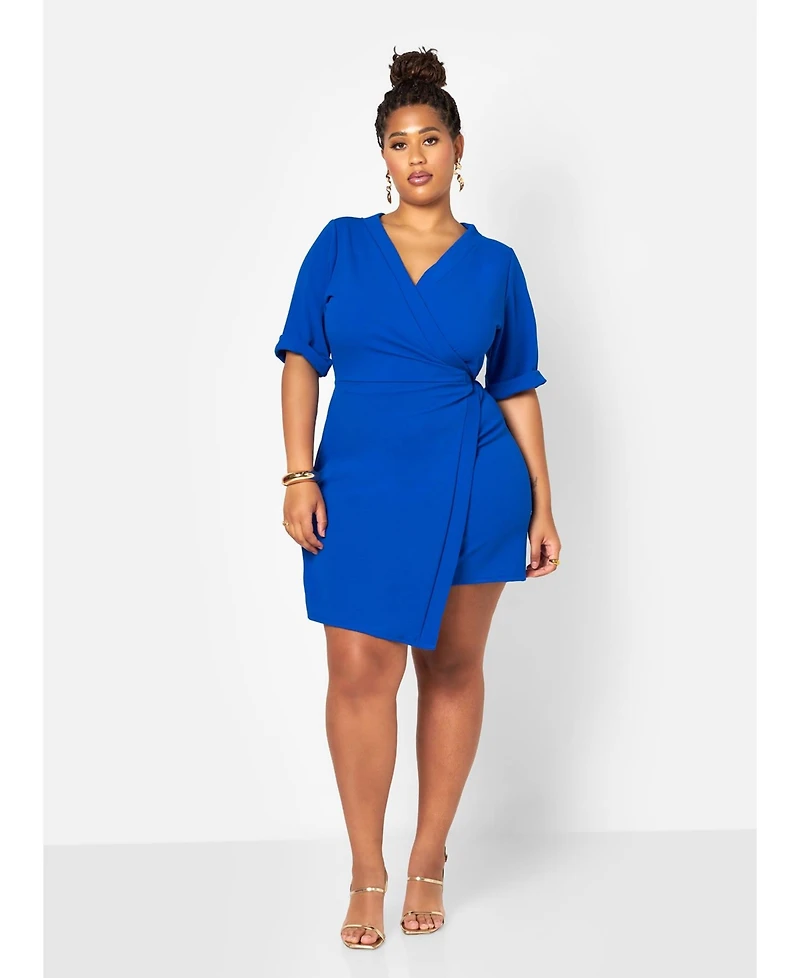 ModasP3 Plus Stylish Avery Faux Wrap Mini Dress Blue
