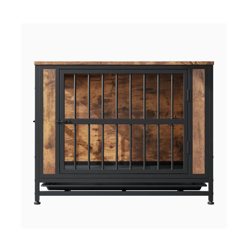 Aostirmotor 32.8'' Rustic Brown Dog Crate Furniture Sliding Doors Thick Iron Frame Medium Small Dog