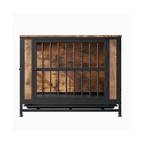 Aostirmotor 32.8'' Rustic Brown Dog Crate Furniture Sliding Doors Thick Iron Frame Medium Small Dog