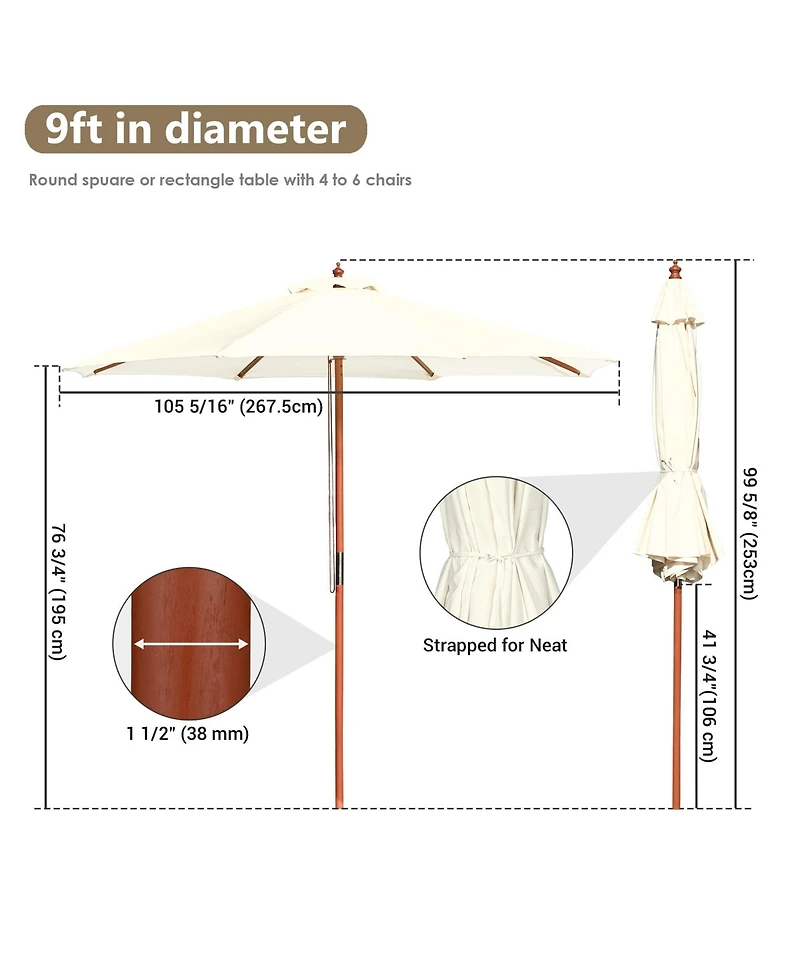 Yescom 9FT Solid Wooden Outdoor Patio Umbrella Rope Pulley Lift for Deck Pool Backyard Garden Market Beach Parasol,Ivory