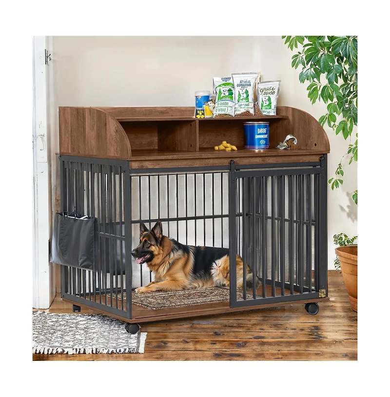 Aostirmotor 44'' Brown Heavy Duty Large Dog Crate Furniture Lockable Wheels Double Layer Storage