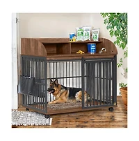 Aostirmotor 44'' Brown Heavy Duty Large Dog Crate Furniture Lockable Wheels Double Layer Storage