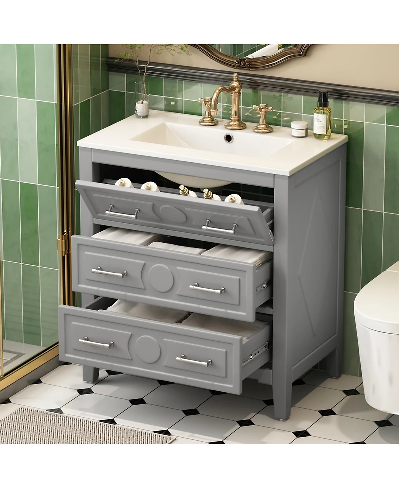 Casainc 30" Freestanding Vanity With Ceramic Sink Combo and 3 Drawers, Solid Wood Frame