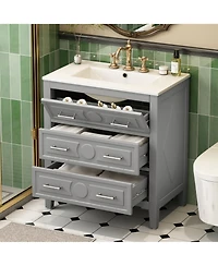 Casainc 30" Freestanding Vanity With Ceramic Sink Combo and 3 Drawers, Solid Wood Frame