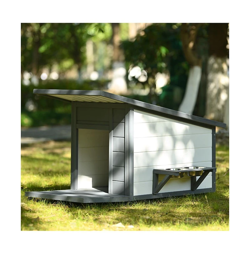 Aostirmotor 44.1 in. Outdoor Wooden Dog house with Food bowl, 4 swivel wheels in Gray