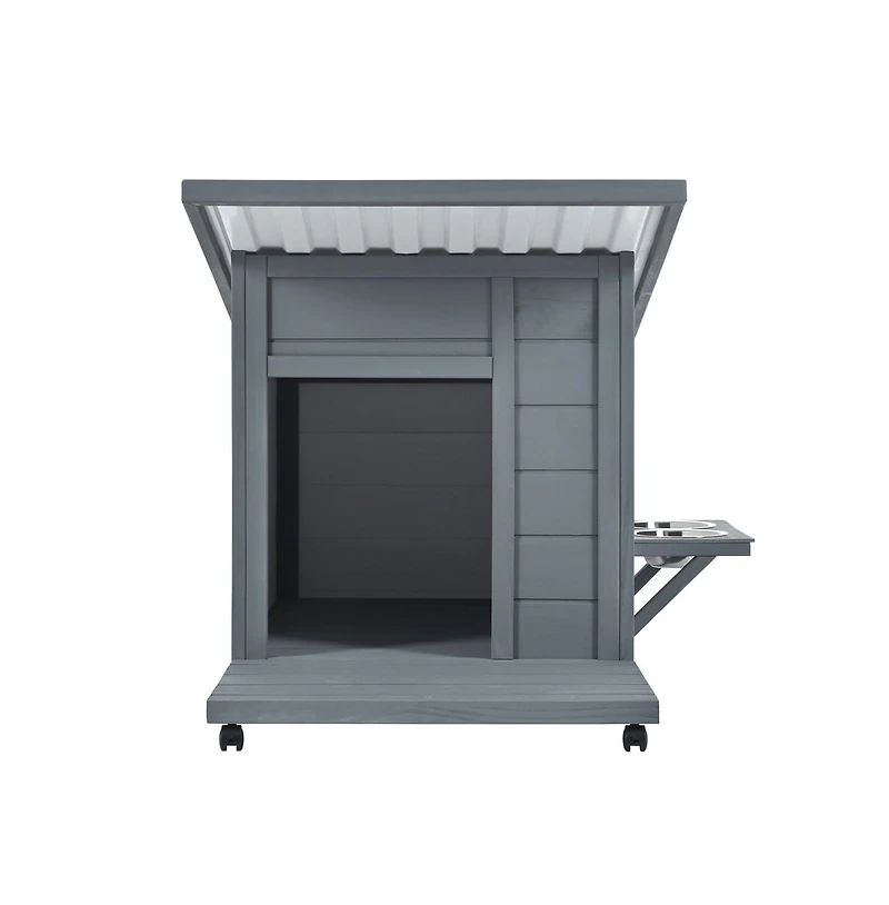 Aostirmotor 44.1 in. Outdoor Wooden Dog house with Food bowl, 4 swivel wheels in Gray