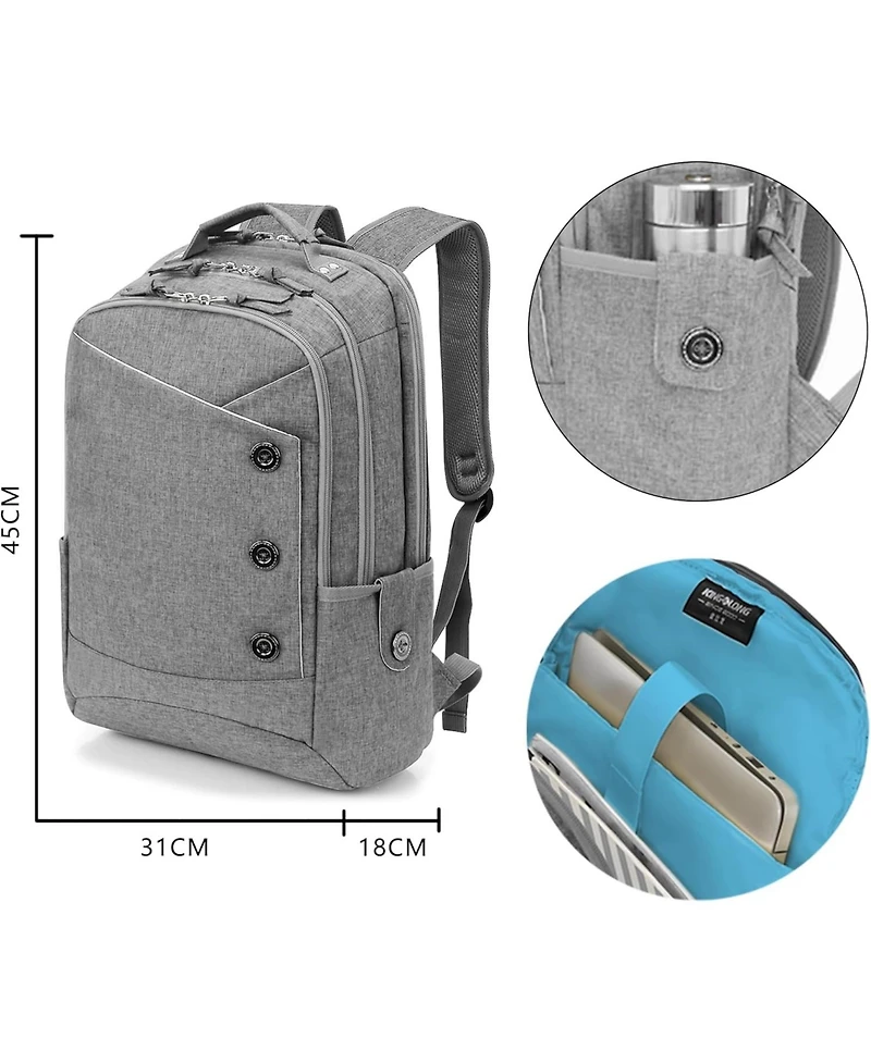 15.6 inch Grey Laptop Backpack for Men Women, Stylish Buttons Decor Daypack with Usb Charging Port, Water Resistant Computer Bag Notebook Bag Suitable