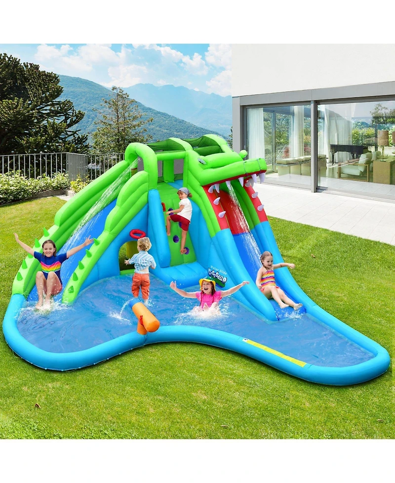 Akiudex Inflatable Double Water Slide Park with Pool and Climbing Wall
