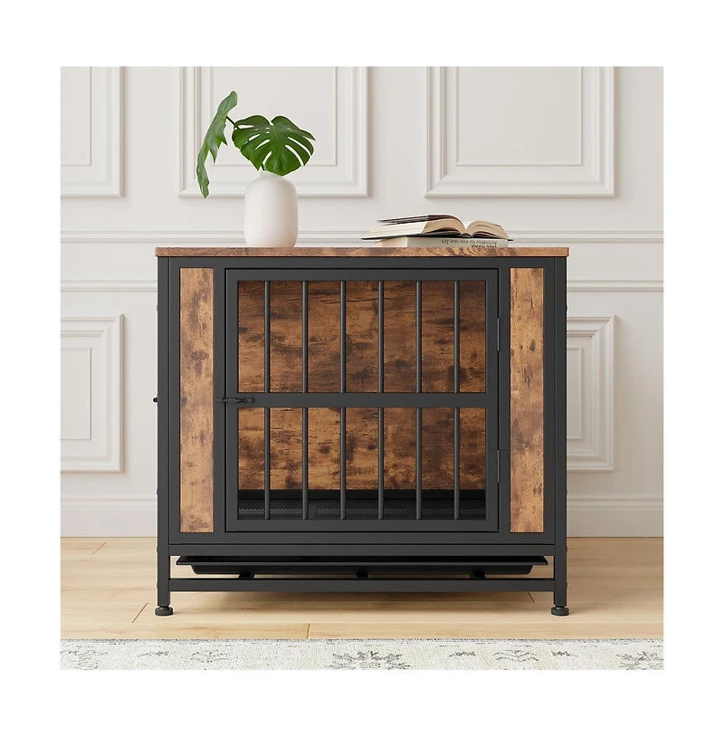 Aostirmotor 27.48'' Rustic Brown Wooden Dog Crate Table Sliding Doors Thick Iron Frame Indoor