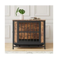 Aostirmotor 27.48'' Rustic Brown Wooden Dog Crate Table Sliding Doors Thick Iron Frame Indoor